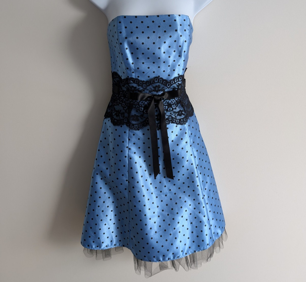 Jessica McClintock Gunne Sax Dress Womens 7 Vintage 90s Strapless Y2K Blue Lace